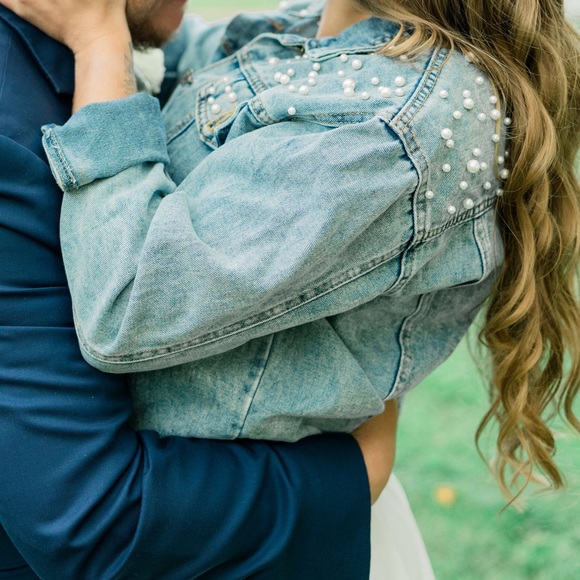 Womens medium denim jacket with pearls - worn once - Picture 2 of 2